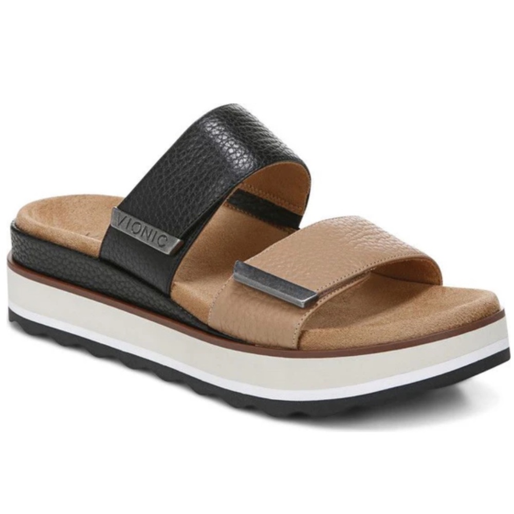VIONIC Phoenix Brandie Black / Tan Slide Sandal Size 7.5